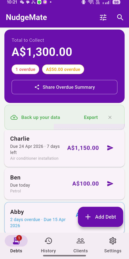 NudgeMate dashboard showing total to collect and overdue debts
